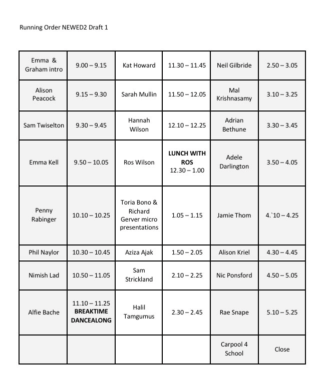 Emma_Turner75's tweet photo. So who wants to see the draft running order for FREE CPD on 27/6 at  #NewEd2??? Session titles to follow but blimey this line up has me giddy as a kipper! Follow the # for joining instructions. https://t.co/e9n2gfJj1d