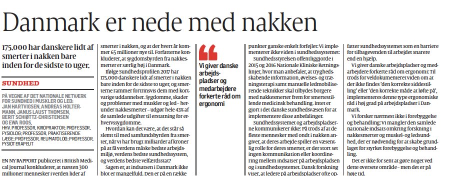 DK newspaper Politiken today: Burden of neck pain is very high in Denmark. Why is that when we have excellent universal healthcare and excellent work environment? 5 professors point to reasons @SUND_SDU @SDUIOB @SuneFriisKrarup @fysiodk @KiropraktorenDK @PolSundhed