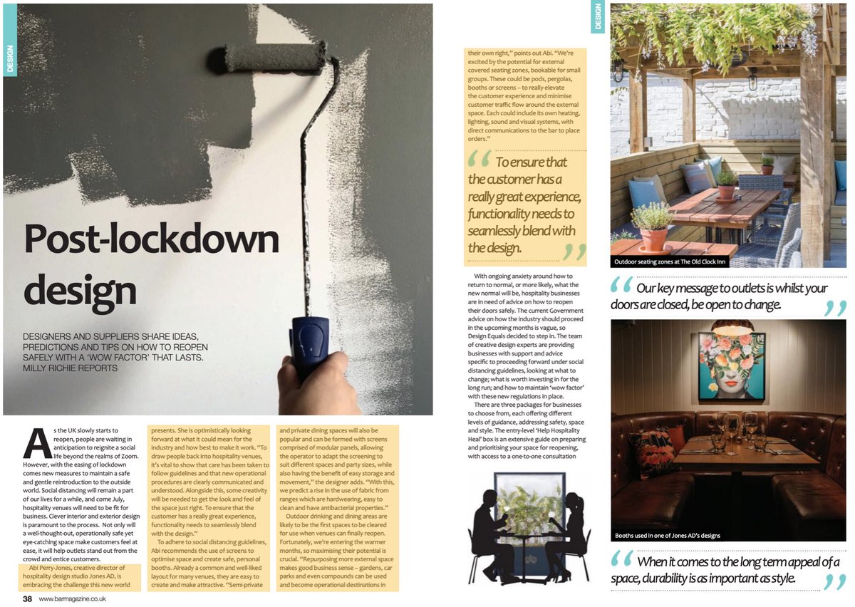 We’re embracing the challenge that this new world presents. Pleasure to have contributed to Bar Mag’s “Post Lockdown Design” article (....pg 38-42) highlighting potential  areas for increased revenue against the backdrop of social distancing restrictions bit.ly/3cxObdP