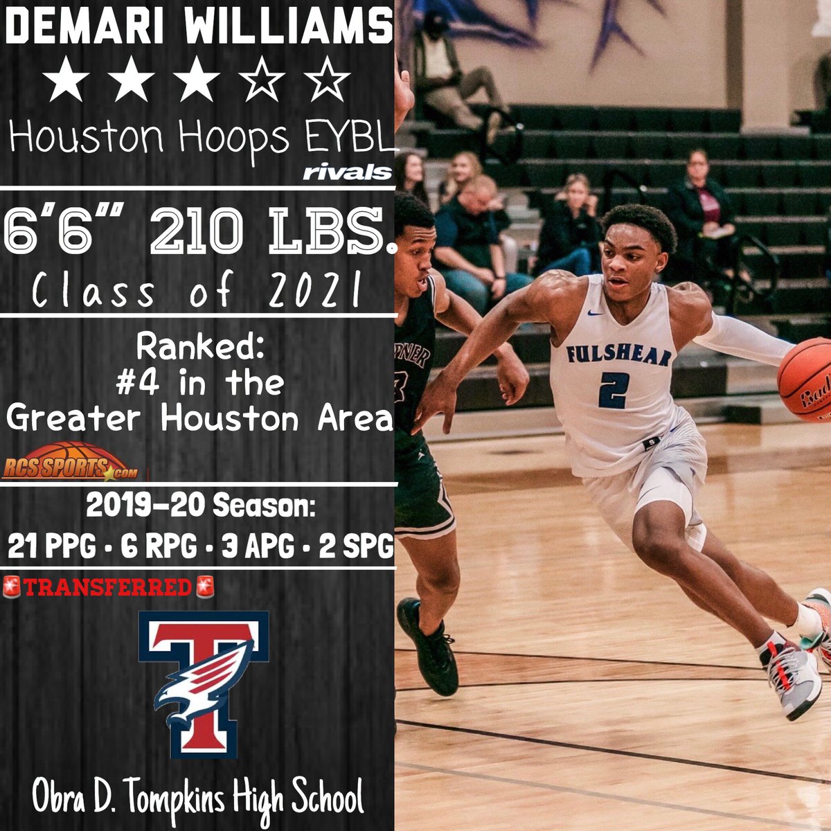 BJenkins247's tweet photo. Three-star guard Demari Williams will be transferring to Tompkins High School in Katy, Texas.

Williams led Fulshear High School to back to back playoff runs and scored over 1,000 points in his two seasons there. @Demari_2 https://t.co/TSvnlK1SZn