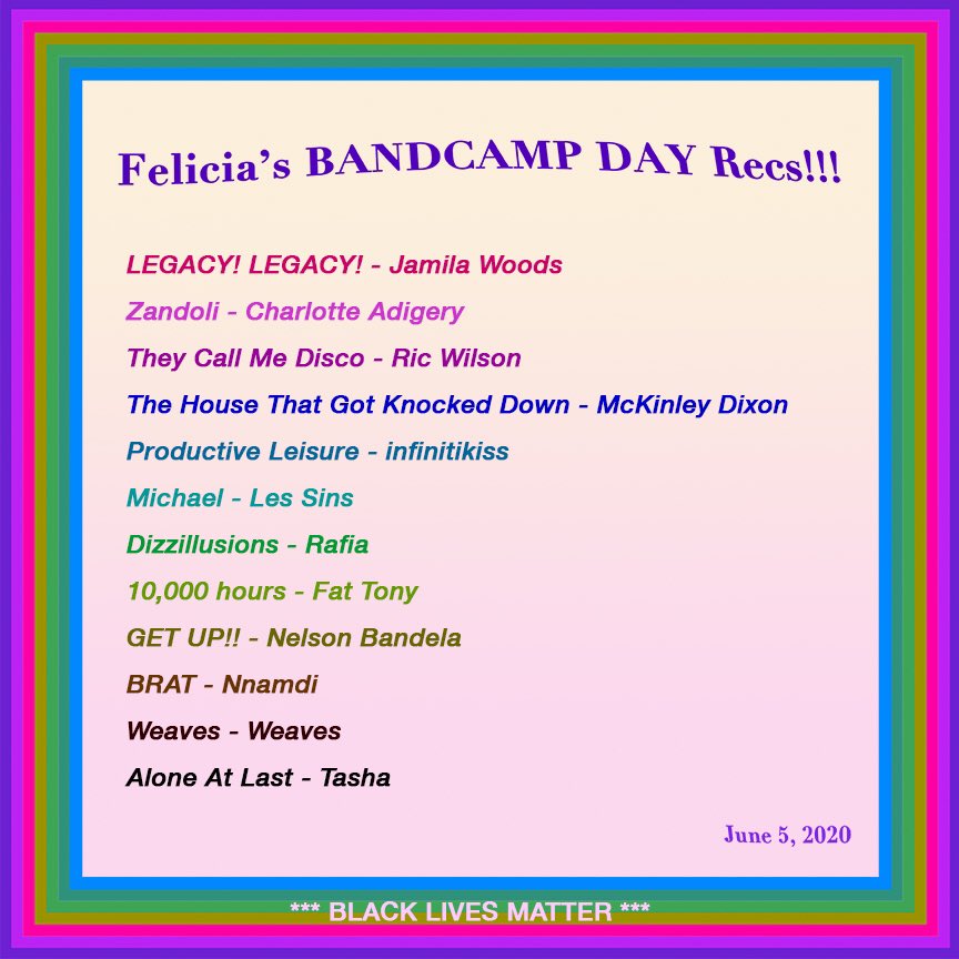 💕HERE ARE SOME ARTISTS I LIKE VERY MUCH! 💕 GO BUY SOME MUSIC ON <a href="/Bandcamp/">bandcamp</a> TODAY!!!!!!!! ❤️🎵🖤🎵❤️ / <a href="/jamilawoods/">jamila woods</a> @adigerwww <a href="/RicWilson/">disco ric</a> <a href="/McKinleyDixon/">my father's name</a> <a href="/ToroyMoi/">Toro y Moi</a> <a href="/rafiaswrld/">RaFia</a> <a href="/fattonyrap/">Fat Tony</a> <a href="/BandelaBandela/">NelsonBandela</a> <a href="/NnamdiOgbonnaya/">Ogbonnaya Nnamdi</a> <a href="/weavesmusic/">Weaves</a> <a href="/wowtashawow/">tasha</a>