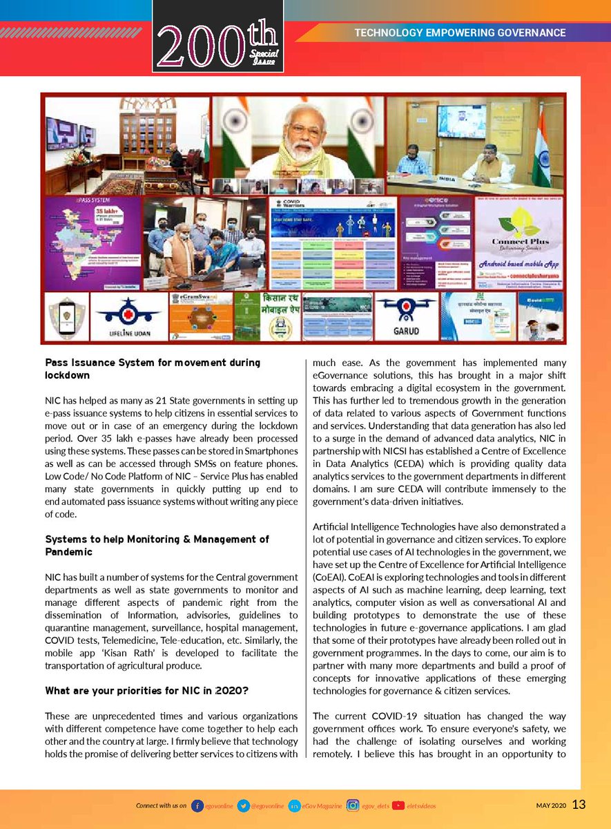 egovonline's tweet photo. #EletsExclusive
Dr Neeta Verma, Director General, @NICMeity throws light on the initiatives taken by NIC to strengthen India's e-Governance amidst the #CoronavirusPandemic in an exclusive interview with Elets for eGov's landmark 200th issue.
To read: https://t.co/nQ3jYToN88 https://t.co/dMLpshnVsb