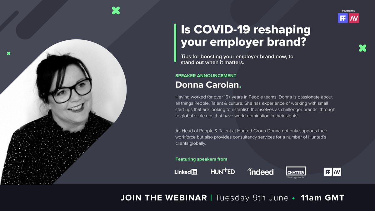 📣 Now introducing the brilliant Donna Carolan of Hunted Group as our third panelist for our upcoming session, "Is COVID-19 reshaping your employer brand?"

Register now while seats are still available!
zoom.us/webinar/regist…

#TalentAttraction #EmployerBrand #EmployerBranding