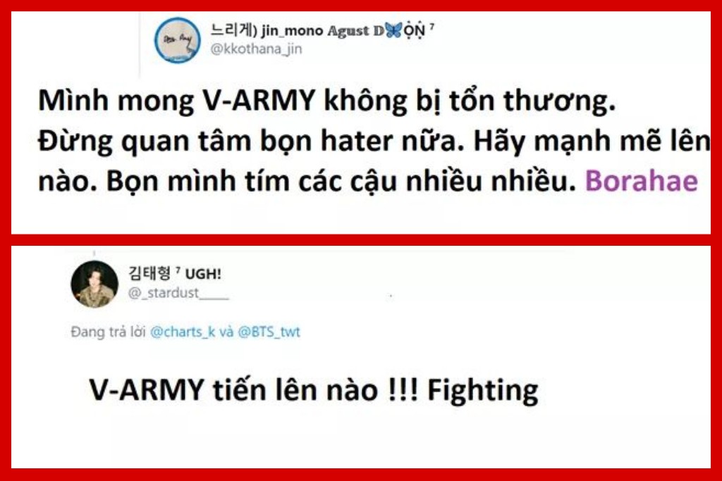 SHA0293's tweet photo. ARMY quốc tế đã gửi lời động viên đến V-ARMY sau khi nhận được thông tin anti Việt Nam gây ra trong thời gian qua. Cảm ơn vì những lời động viên ấy, đó là động lực cho chúng tôi. Chúng ta cùng nhau tạo ra những khoảnh khắc tốt đẹp với BTS nhé 💜
@BTS_twt https://t.co/geiAheNG9a