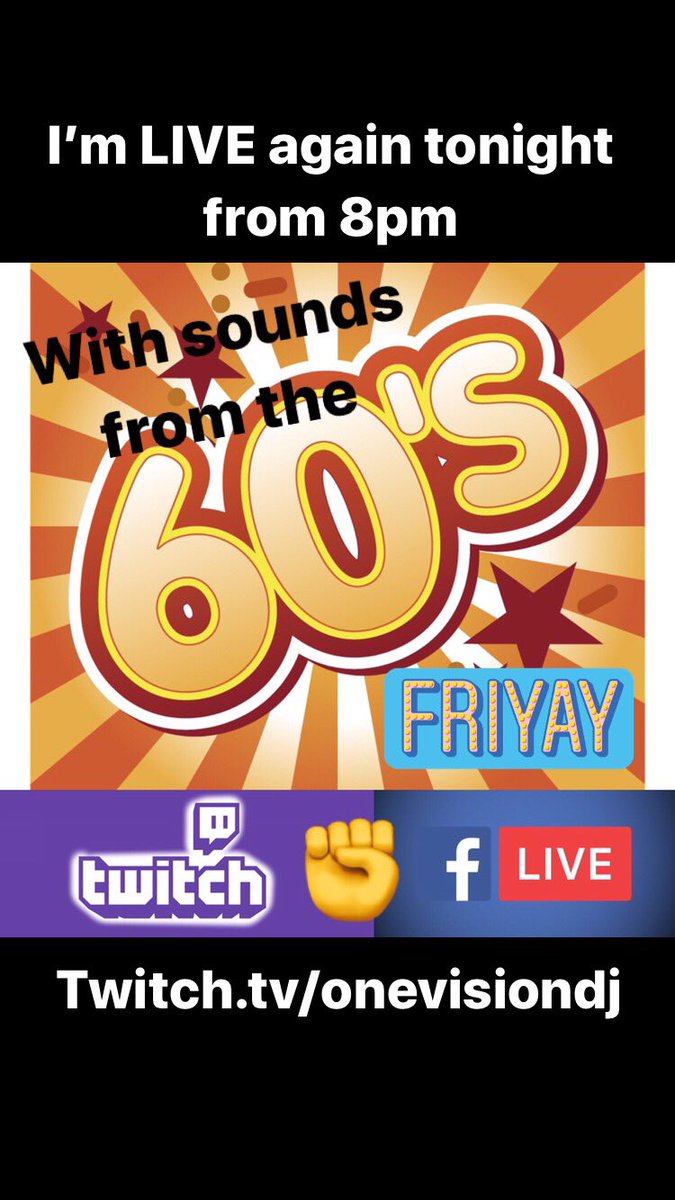 Hi everyone, I’m going LIVE tonight at 8pm with sounds from the 60s including Motown &amp; Northern Soul. For uninterrupted listening please go to 

twitch.tv/onevisiondj

#60s #60smusic #60sfashion #soulmusic #motown #motownmusic #northernsoul #keepthefaith #onevisiondj