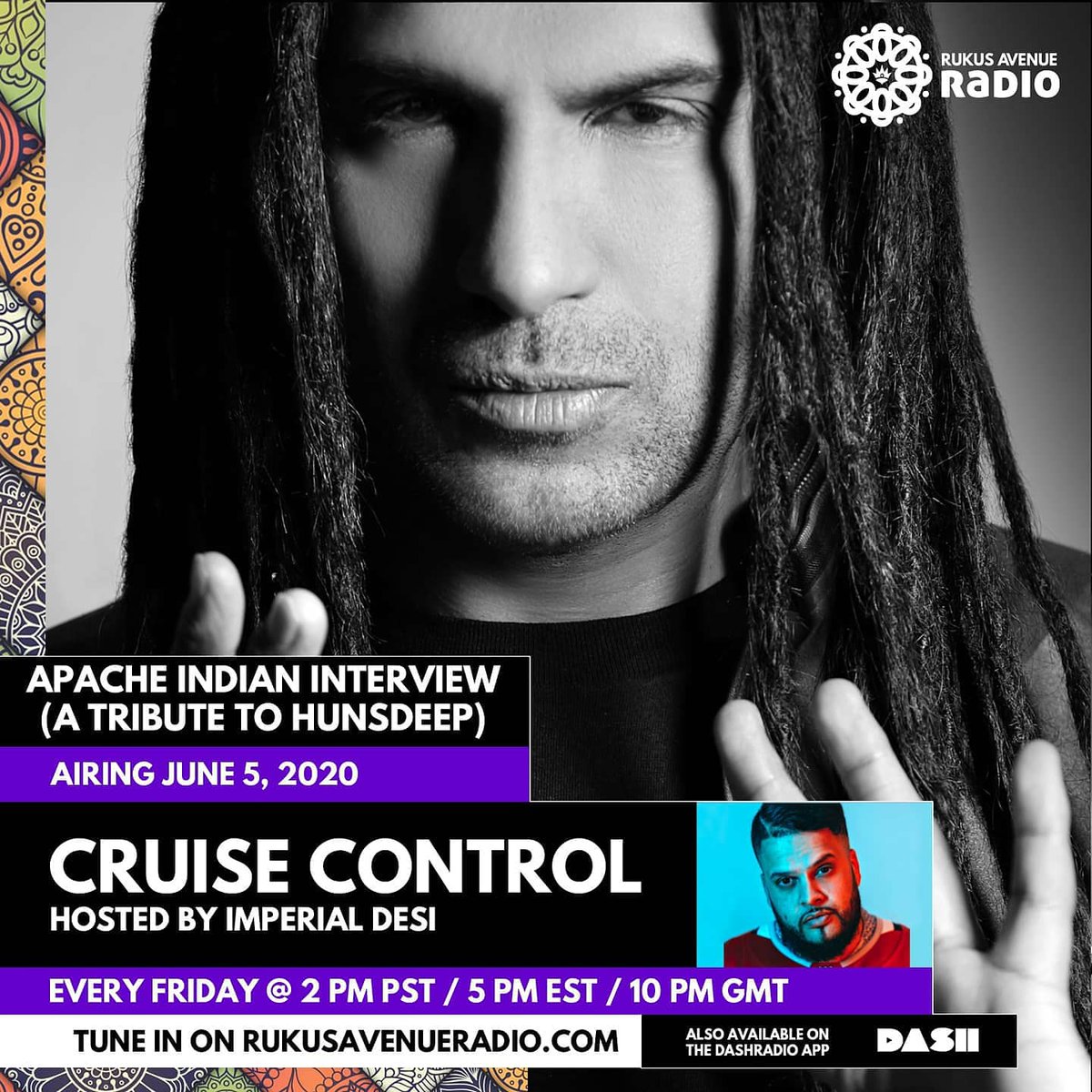 ImperialDesi's tweet photo. #CruiseControl Today

2 PM PST | 5PM EST | 10PM BST
On @RukusAveRadio

A Tribute To @hunsdeep

Special Guests: 
@apacheindianhq
@raghavworldwide 
@IamGaganSharma
@MamaUntold

Stream
https://t.co/SVlgRw1vAk
Download the @dash_radio App

@Simply_Bhangra
@KismetEnt 
@raouljuneja https://t.co/DBlYUy9T0V