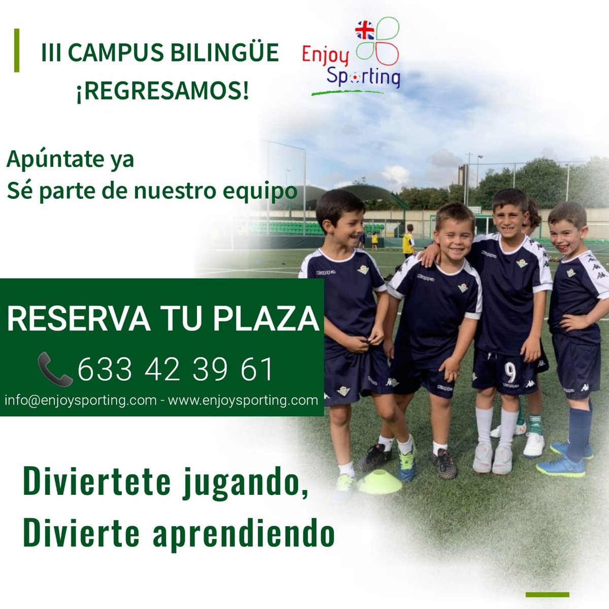 EnjoySporting's tweet photo. El campus bilingüe de Enjoy sporting está de vuelta

Este mes de julio puedes aprender inglés jugando. Si quieres jugar a ⚽ mientras practicas 🇬🇧 con monitores cualificados.
Apúntate al campus #EnjoySporting 

+INFO: info@enjoysporting.com

#campusdeverano #bilingüe  #fútbol https://t.co/qUURbRl8ak