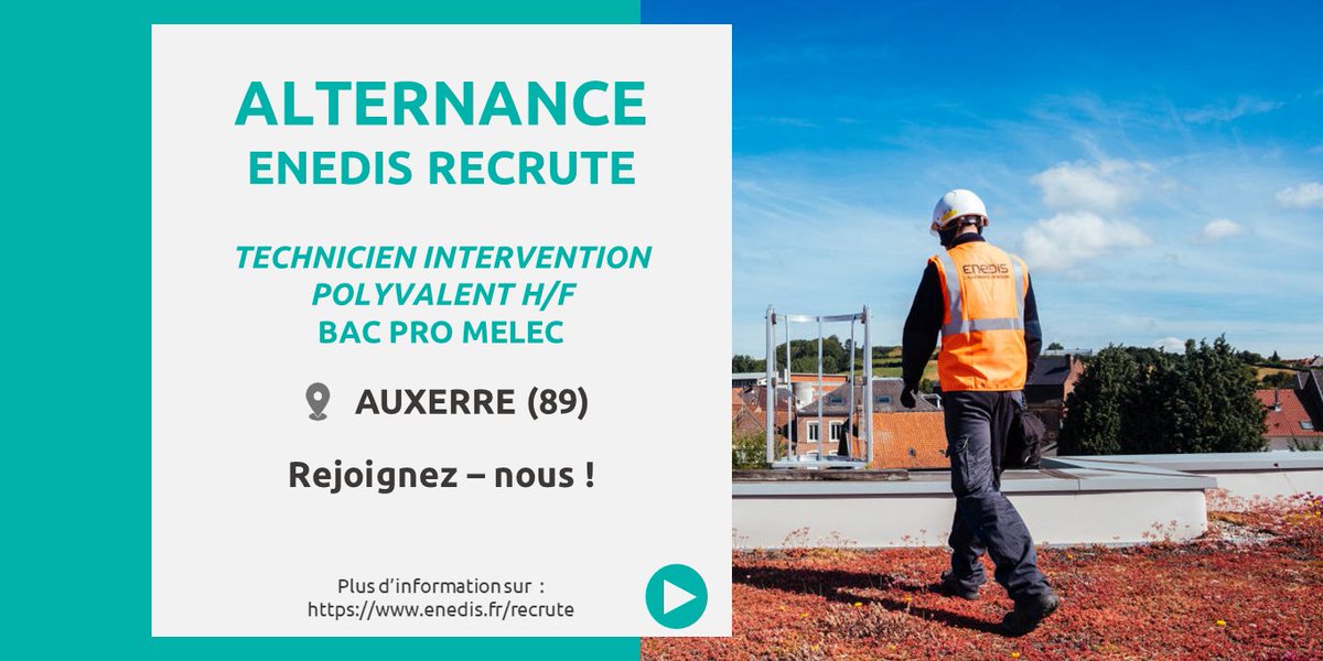 Enedis_BFC's tweet photo. [#Recrutement 💼] 
@enedis_bourg recrute pour la rentrée de septembre un technicien d'intervention polyvalent en #alternance à #Auxerre (89) Alors vous aussi rejoignez notre réseau !⚡
Pour postuler, cliquez ici 👉 https://t.co/AK9p08j9Gz
#Enedis #BacProMelec @poleemploi_bfc https://t.co/38t7SzKyBY
