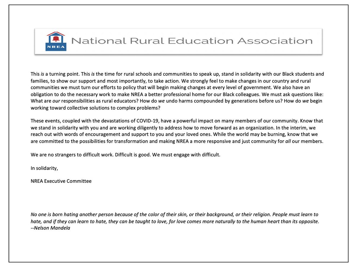 The NREA, National Rural Education Association,  parent org to MSREA, has issued the following statement in response to the latest unrest in the U.S. following the killing of George Floyd: