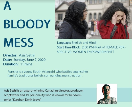 AsisSethi's tweet photo. I am extremely honoured &amp; excited to announce the #WorldPremiere of our short film #ABloodyMess” on June 7th @ 3:30 pm EST! 
Register here for free passes: https://t.co/lCuHdEukR5  
This is a part of the Women Empowerment segment at HAAPI Fest 2020. https://t.co/oeOiOlSV7I https://t.co/SW597HhhwU
