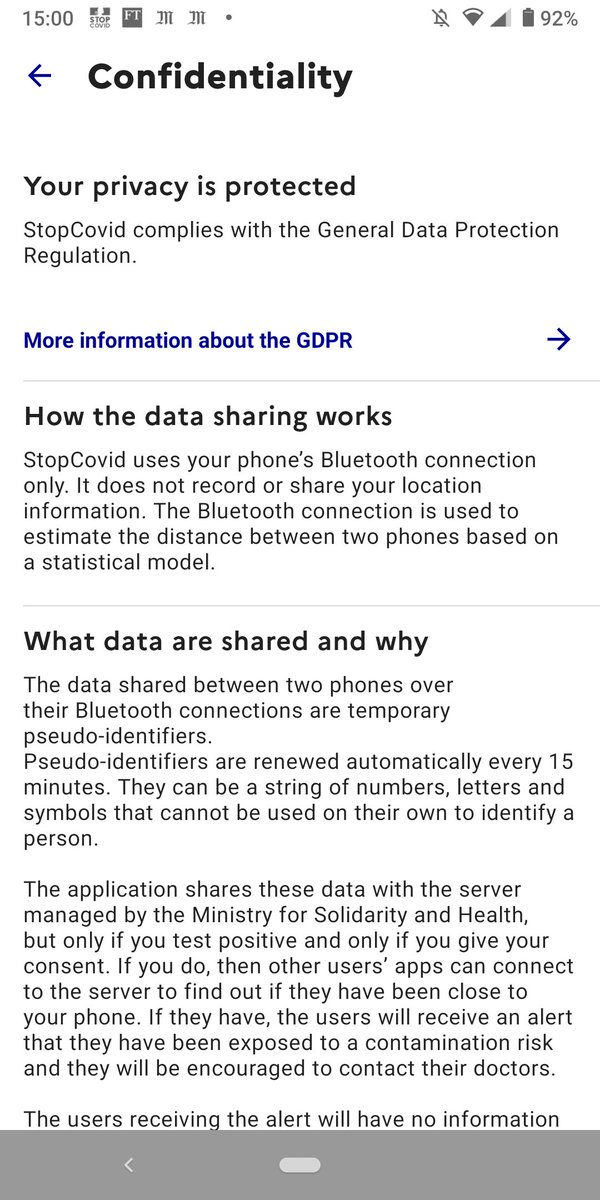 I'm pleasantly surprised that the confidentiality, privacy, etc... stuff in the app is complete even in English. Nice touch to link directly to the source code repo from the app. Once you click deeply enough it becomes French, as you'd expect.