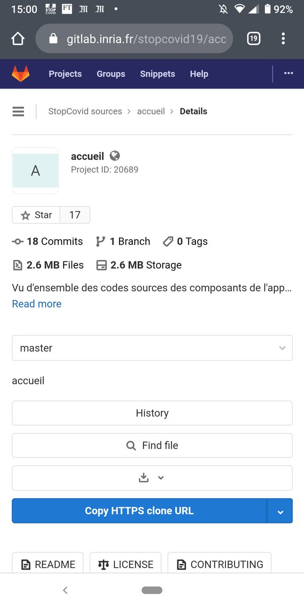 I'm pleasantly surprised that the confidentiality, privacy, etc... stuff in the app is complete even in English. Nice touch to link directly to the source code repo from the app. Once you click deeply enough it becomes French, as you'd expect.