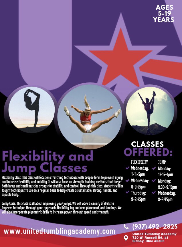Two of our favorite classes we offer! Not only are these classes great for cheerleaders, gymnasts, and dancers, it’s great to build flexibility and strength for all sports! All are welcome, sign up online at app.iclasspro.com/portal/unitedt….