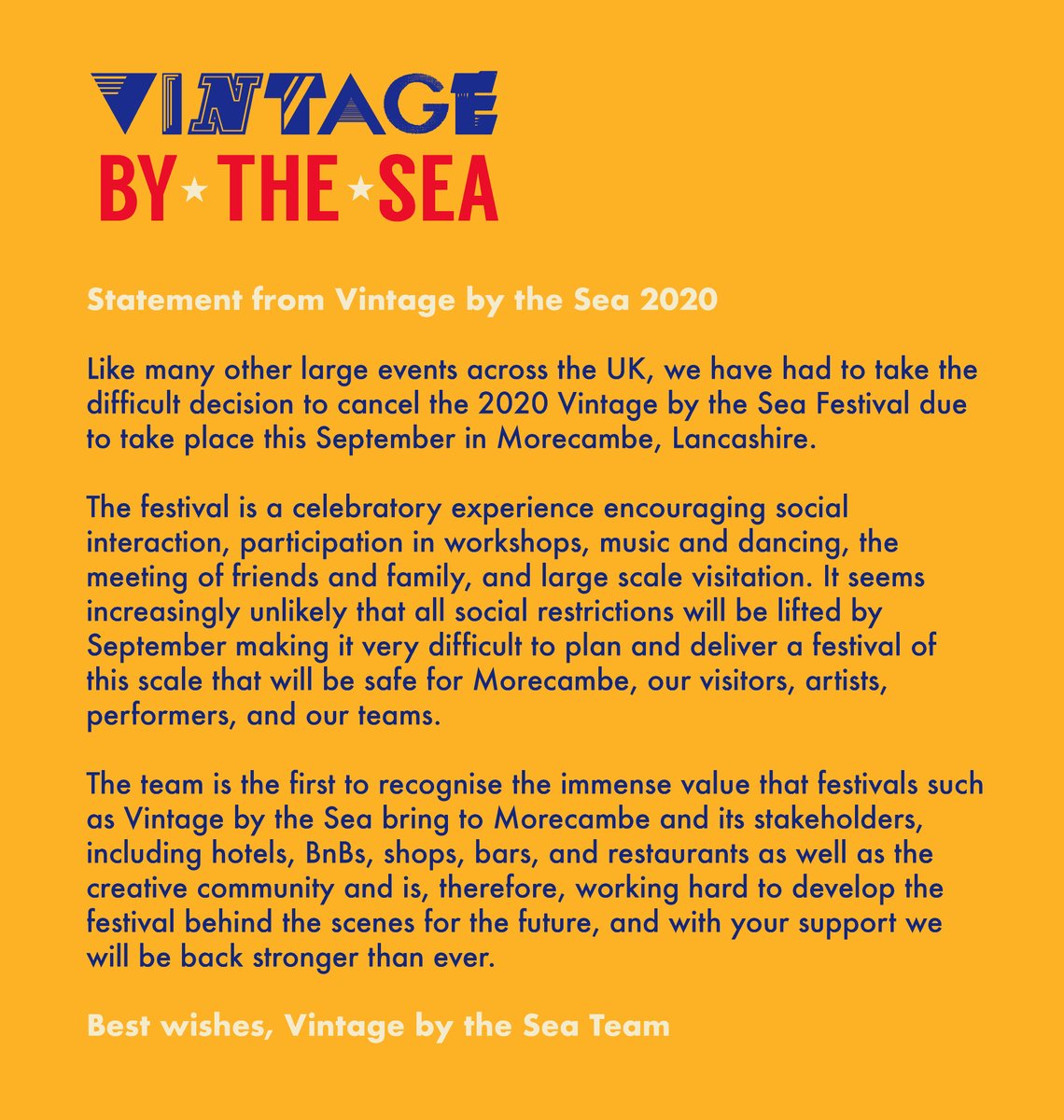 Unfortunately the difficult decision has been made to cancel this year's Vintage by the Sea Festival, due to take place on Sat 5 – Sun 6 September 2020 in Morecambe, due to the ongoing situation regarding COVID-19.