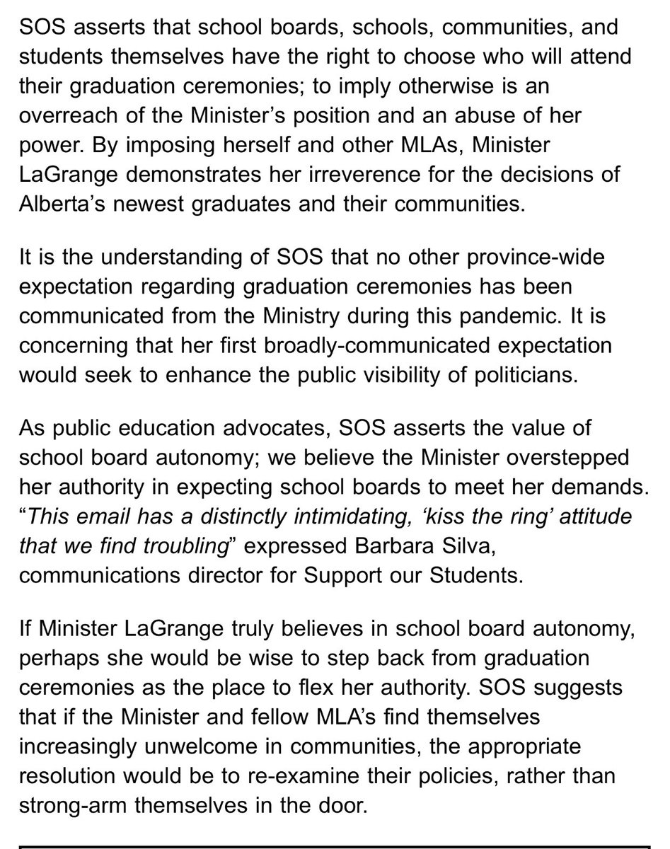 SOSAlberta's tweet image. Yesterday @AdrianaLaGrange sent a rather intimidating letter to all school boards (except private) demanding they comply with orders to include MLAs in graduation ceremonies across #AbEd. Odd use of power for a Minister claiming to support choice &amp;amp; school board autonomy. #ableg