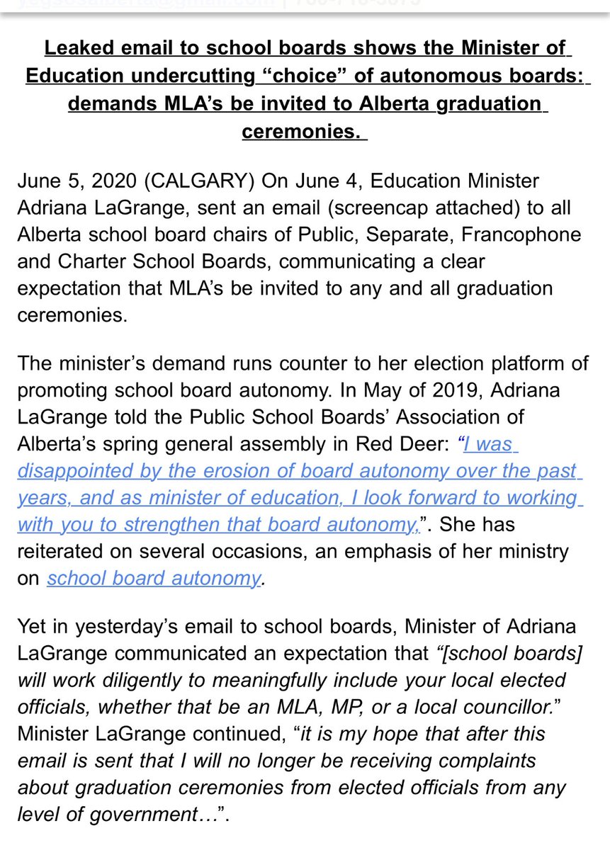 SOSAlberta's tweet image. Yesterday @AdrianaLaGrange sent a rather intimidating letter to all school boards (except private) demanding they comply with orders to include MLAs in graduation ceremonies across #AbEd. Odd use of power for a Minister claiming to support choice &amp;amp; school board autonomy. #ableg