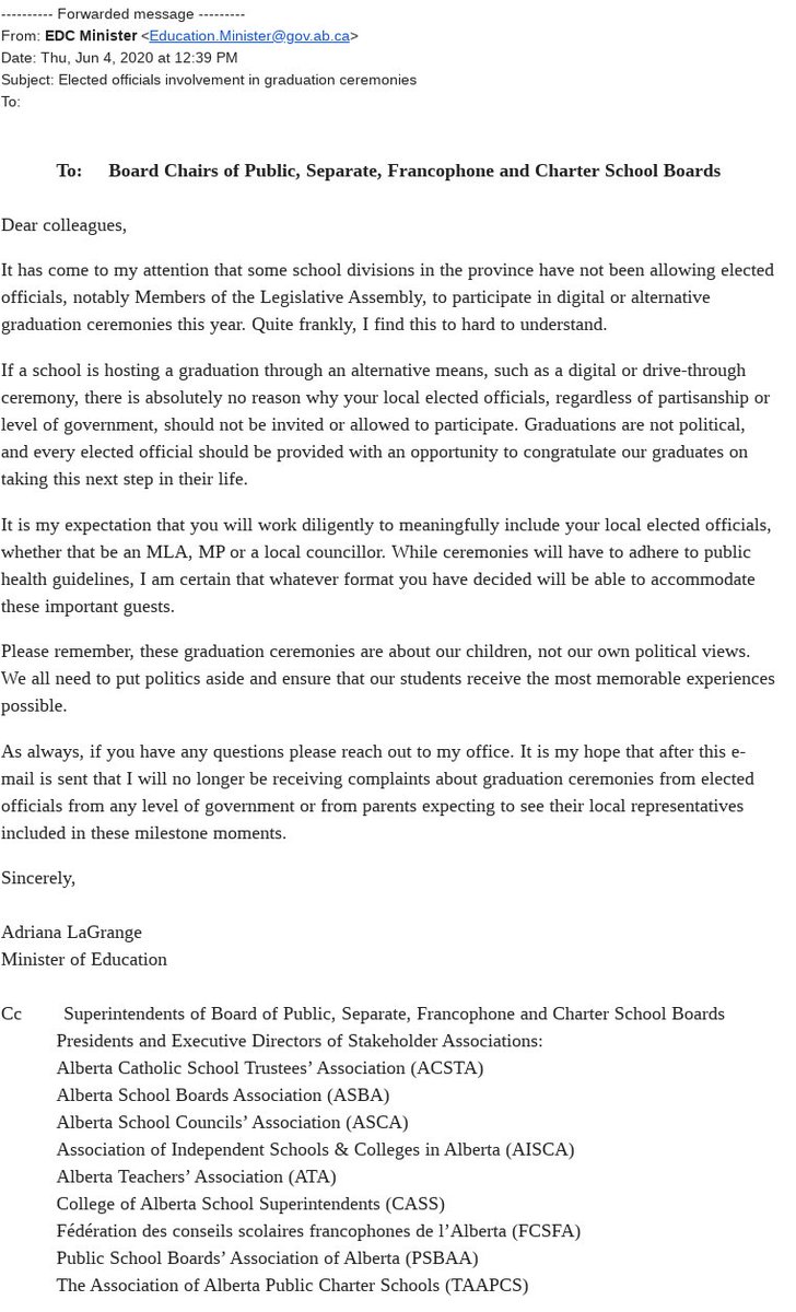 SOSAlberta's tweet image. Yesterday @AdrianaLaGrange sent a rather intimidating letter to all school boards (except private) demanding they comply with orders to include MLAs in graduation ceremonies across #AbEd. Odd use of power for a Minister claiming to support choice &amp;amp; school board autonomy. #ableg