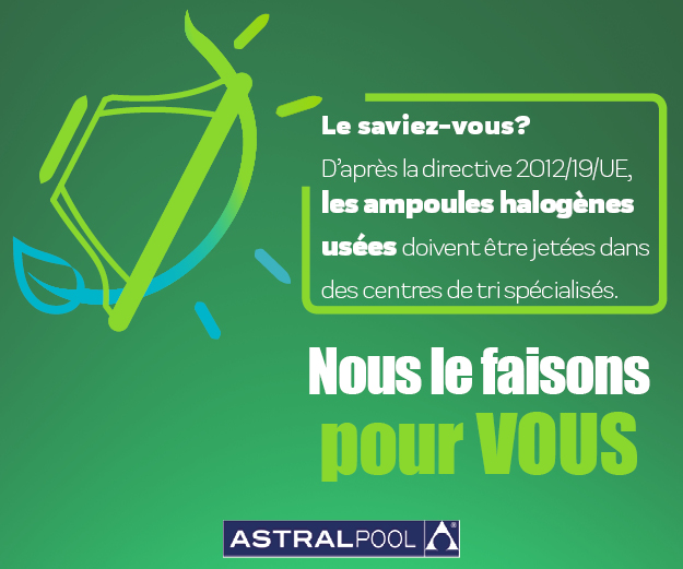 C'est la journée #journeemondialedelenvironnement 
Fluidra s'engage à prendre soin de notre planète en collectant les ampoules halogènes de piscine usagées pour les jeter dans des centres de tri spécialisés.
Ensemble, jouons un rôle positif sur la biodiversité qui nous entoure.