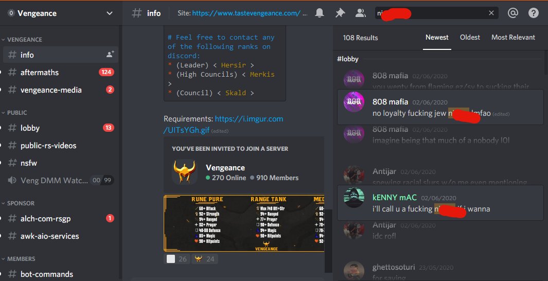 The zerker community is also racist. Here is  @Vengeance_OSRS's Discord containing lots of racism