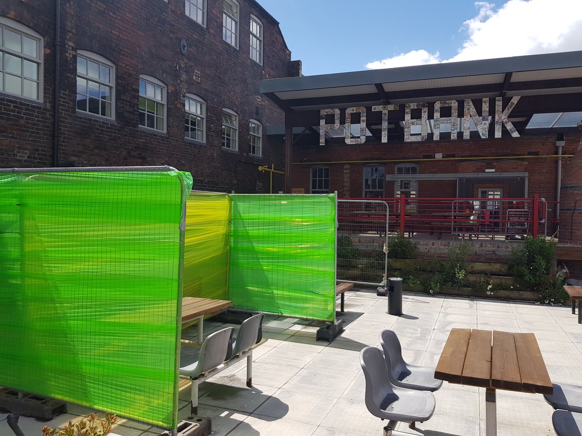 Social distancing R&amp;D at Potbank today as we get ready to reopen to the public in July. These #PotbankPods are 3.5mx2mX2m made from upcycled fencing and recyclable plastic wrap. Two "bubbles" can sit in one allowing 50% more tables. They also double as an outside art gallery!