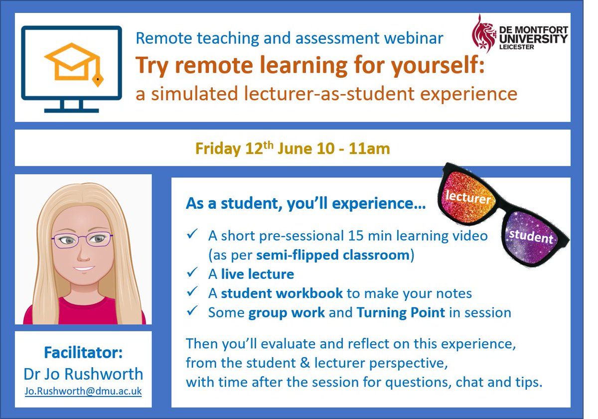 Come and try remote learning for yourself in a unique "lecturer-as-student" experience 👓 Friday 12th June at 10am. The very short (15min) pre-work, with your workbook, are there for you to complete in advance on lecturemotely.com. See you in class! <a href="/NTF_Tweet/">NTF Tweet</a> <a href="/AdvanceHE/">Advance HE</a>