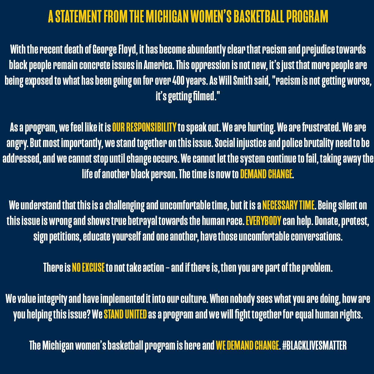 umichwbball's tweet photo. We stand united. https://t.co/VzGoA6P6kn