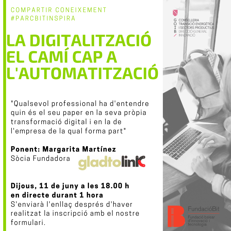 gladtolink's tweet photo. El próximo 11 de junio a las 18 h @MargaMartinezA de @gladtolink hablará en un #ParcBitInspira de herramientas digitales para mejorar la comunicación, colaboración, auto-gestión, estrategias de éxito para iniciativas digitalmente transformadoras @parcbit https://t.co/KVKTNgk4Ow https://t.co/Jun6yhbW4y