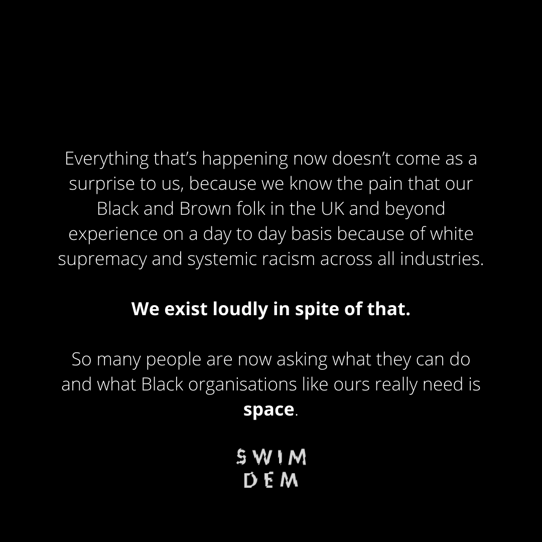 This is a message from Swim Dem. We have been doing this work for seven years and will continue to do this for as long as we can. White supremacy and systemic racism permeate every aspect of our society and swimming is no different.

We need space. #Blacklivesmatter #swimdemcrew.