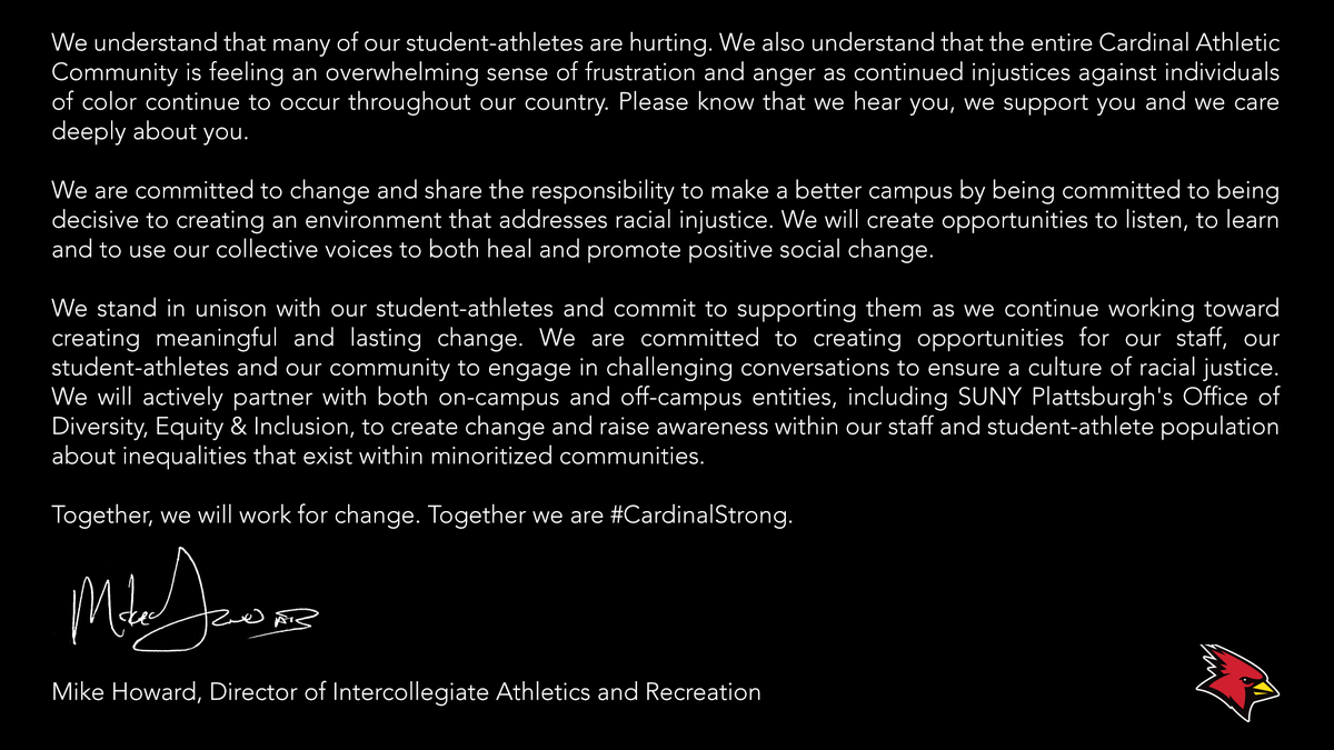 PlattsAthletics's tweet photo. A message from the Plattsburgh State Department of Intercollegiate Athletics and Recreation: https://t.co/hUBiWIaoO8