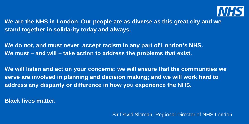 A statement from Sir David Sloman, NHS London’s Regional Director. Read more: bit.ly/2A7LYs9 #BlackLivesMatter