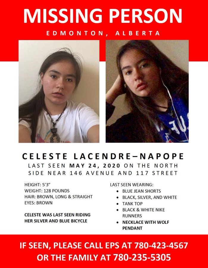 YourAnonCentral's tweet photo. Another day, another missing indigenous girl in Canada. Celeste Lacendre Napope, 14, was last seen on Sunday, May 24, 2020. #MMIWG #MMIW #NoMoreStolenSisters https://t.co/6izuYSM9os