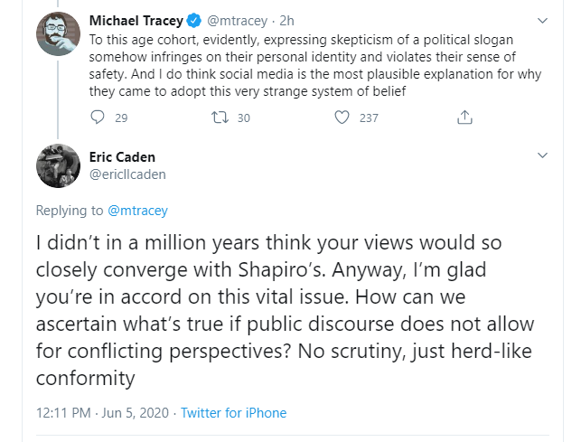 @parisianowl @Hebahersi @BethLynch2020 @mtracey Tracey is harking back to college days now. 👀 Apparently the problem is the generation who've graduated since and *their* 'identity-based ideological preoccupations' cultivated by social media, etc.