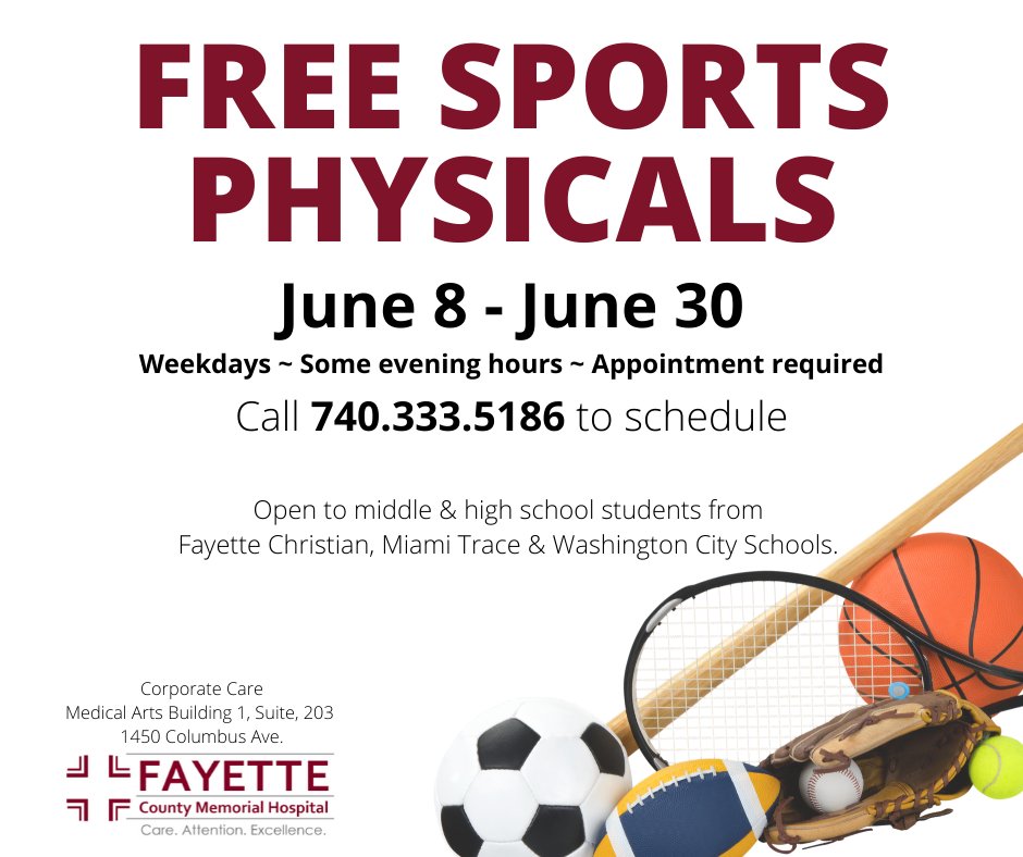 Fayette County Memorial Hospital is once again hosting FREE PHYSICALS for all Fayette County student-atheletes! For the rest of June, your Blue Lion can get their physical at FCMH for free.

Click here for more information: facebook.com/events/s/free-…

#InspireExcellence