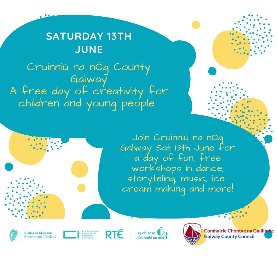 THTG's tweet photo. ⚡️⚡️SAT 13 June: We're delighted to be hosting some very exciting events on our social media pages for Cruinniú na nÓg Galway!
Cruinniú na nÓg is a national, free day of creativity for children and young people,
June➡️➡️https://t.co/KfvpXWgxX6
#CreativeIreland #CruinniuToCreate https://t.co/VQ6iEjYvds