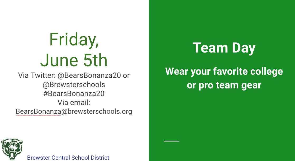 Today's Bears Bonanza theme is Team Day - wear your favorite pro or college team gear!  Share your photos with us <a href="/brewsterschools/">Brewster Central School District</a>