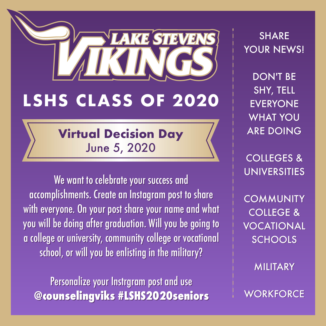 #Classof2020 we want to see your future plans #wewantpictures <a href="/lssd/">Lake Stevens SD</a> <a href="/LSHSConnect/">LSHS Superfan</a> <a href="/LSHSVikingPrin/">Leslie Ivelia</a> <a href="/BaldVikingAP/">Dan Alderson</a> <a href="/Grinde_Viking/">Tonya Grinde</a> <a href="/HayVikings/">Deb Hay</a> <a href="/EverettHerald/">Everett Herald</a> #wervikings #govikings #decisionday <a href="/counselingviks/">LSHS COUNSELING CENTER</a>