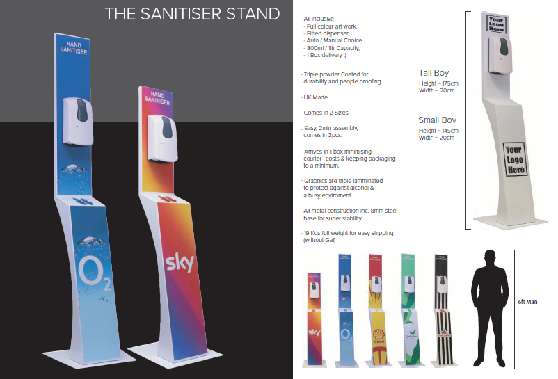 barclay_wolf's tweet photo. The Sanitiser Stand in 2 sizes, fully branded with your company logo, and includes: Full colour art work, Fitted dispenser, Auto or manual, 800ml/1ltr capacity, Laminated graphics, All-metal construction. MADE IN THE UK £249 or £269+VAT and delivery    info@barclaywolf.com https://t.co/0jlpvTAPiz