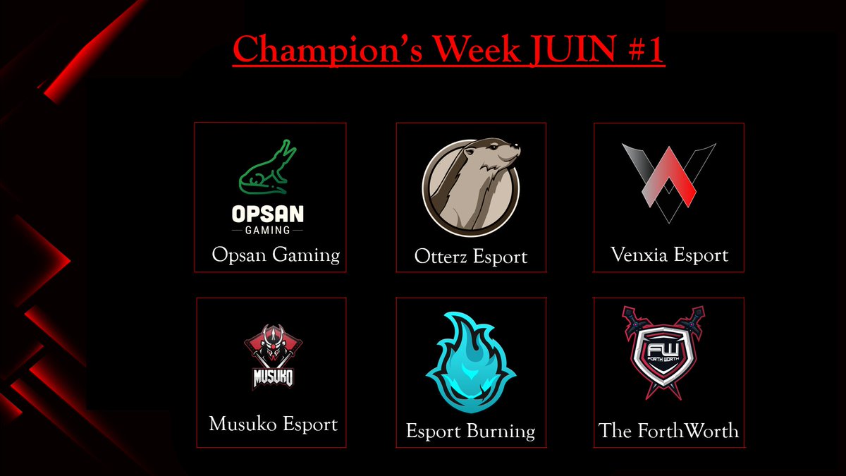 TournamentChmps's tweet photo. [#ChampionsWeekJUIN1]

⌚️La Première édition de Juin commencera le 8 Juin !

🗡️Qui de @EsportMusuko, @TheForthWorth, @OtterzE, @BuRninG_eSport, @VVenxiaa et @GamingOpsan Young sera sacré champion de la semaine ?
📊Faites vos pronostiques !

🎙️@UgoLefevre et  @FuturFax aux casts ! https://t.co/eWkMwTlP9z