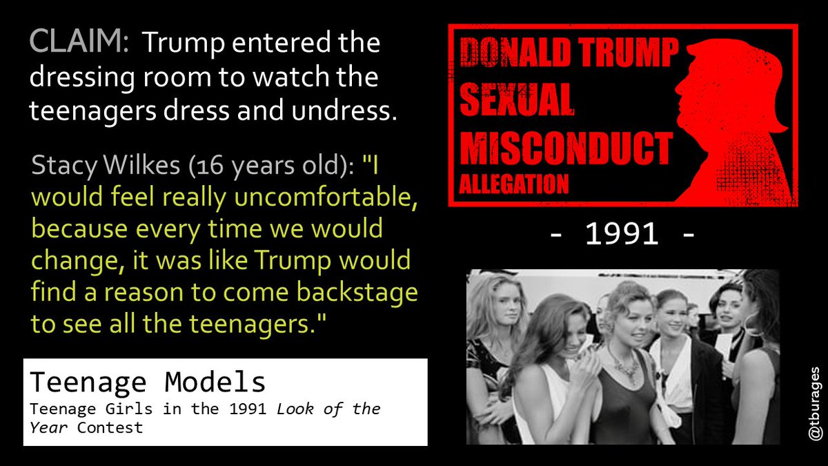 In 1991 Trump hosted events for Elite's Look of the Year. Trump used the opportunity to watch the teenagers in their dressing room.17-year-old Eli Nessa said the girls were all expected to attend several nights of parties. "These were all older men. It was so seedy."/11