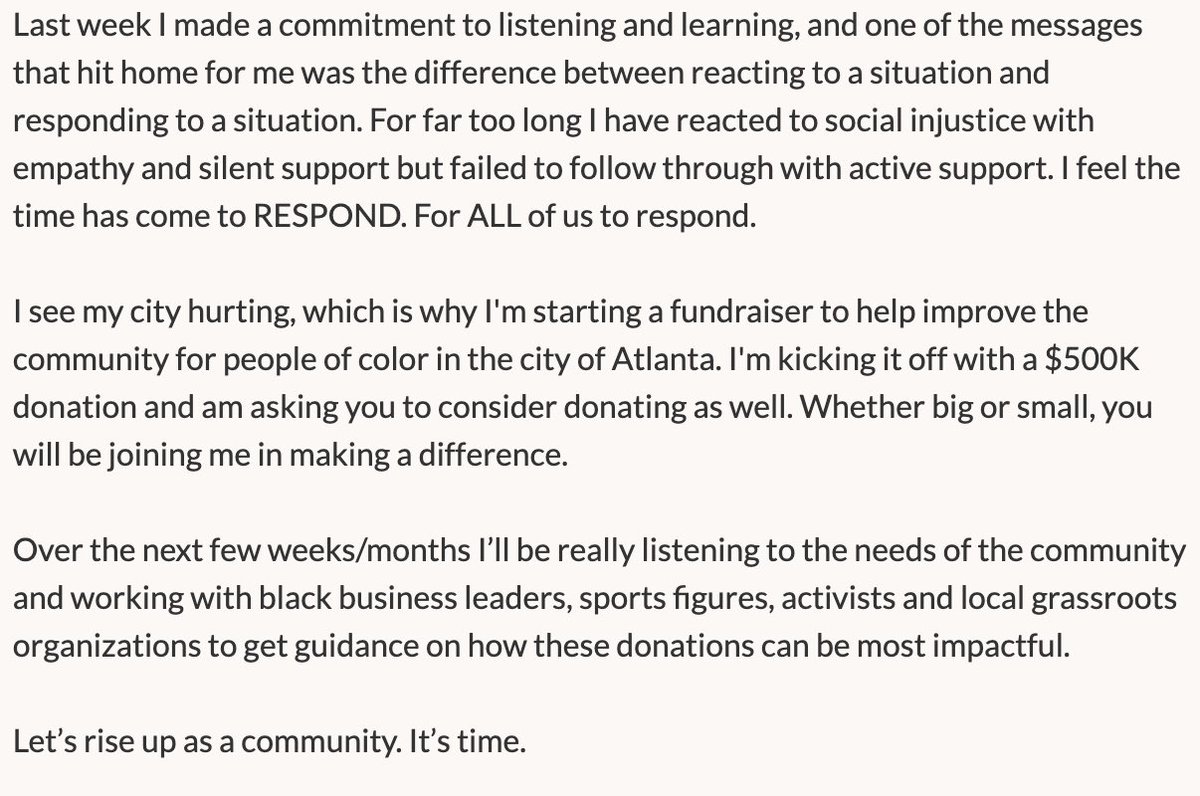 Matt Ryan will donate $500,000 to the black communities in Atlanta. 🔥