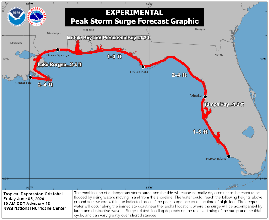 NHC_Atlantic's tweet photo. #Cristobal could produce storm surge flooding of 2-4 ft above ground level from Grand Isle, LA, to Ocean Springs, MS, and from Indian Pass to Arepika, FL.  1-3 ft could occur from Ocean Springs to Indian Pass and from Arepika to Marco Island. https://t.co/OscAzxoD1i? https://t.co/V9iJMkyDIL