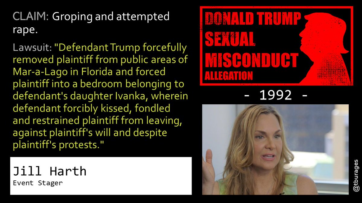 In 1992 Jill Harth, who ran an event planning company, was trying to work out a business deal with Trump to host events at Mar-a-Lago.Harth claims Trump sexually assaulted her while Trump was giving her a tour. She faked vomiting to get out of the room./13