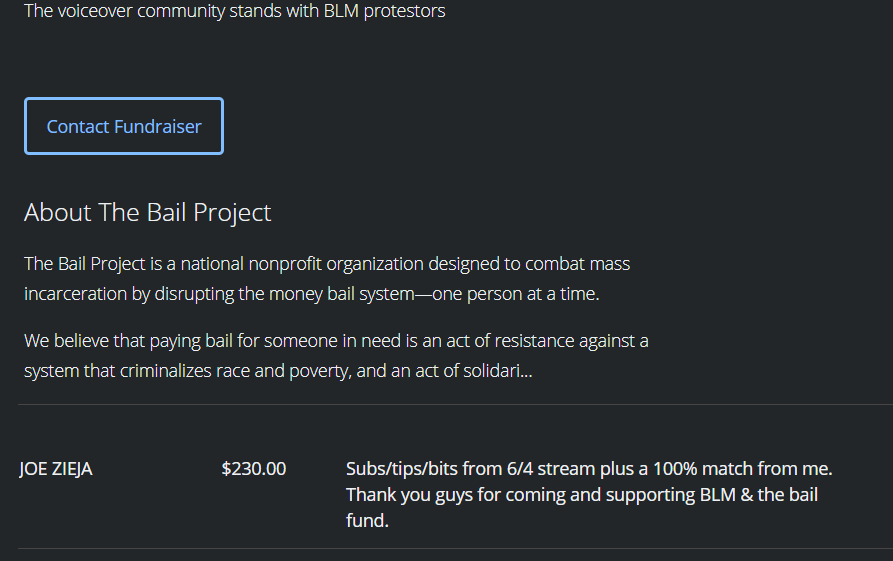 JoeZieja's tweet photo. On Thursday's stream promoting #blackgamedev , you all directly contributed another $400 to The Bail Project. I've donated all proceeds from subs/tips/bits AND I've matched 100% of those contributions, bringing this fund to over $2000. Thank you all so much for your support. <3 https://t.co/gCAsMabxgi