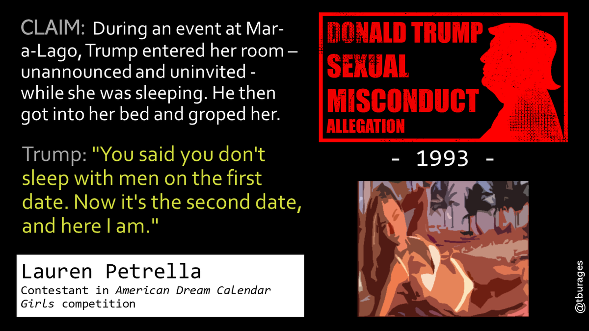 In 1993, Trump hosted the American Dream Calendar event at Mar-a-Lago. Trump once again entered the bedroom of a model without her permission. Lauren Petrella awoke in the middle of the night to find Trump in her bed, groping her. She kicked him out of her room./14