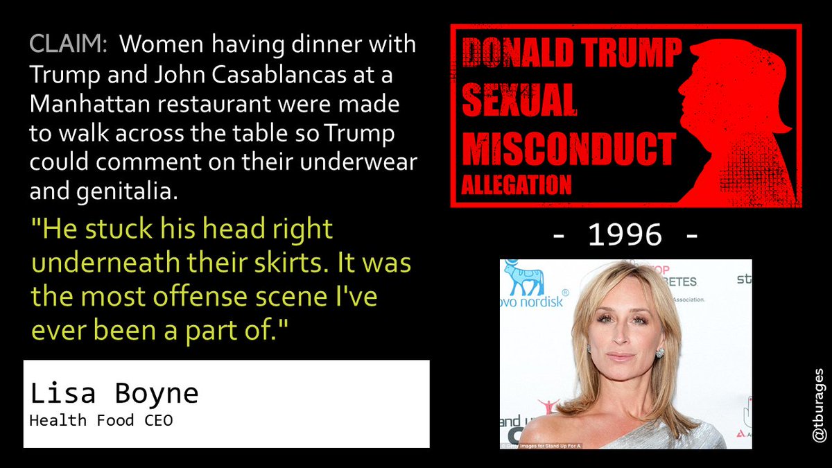 In 1996 Lisa and other women were sandwiched in a restaurant booth with Trump at one end and John Casablancas at the other. If the women wanted to get out of the booth, the men made them walk across the table so they could look under their skirts and make rude comments./19