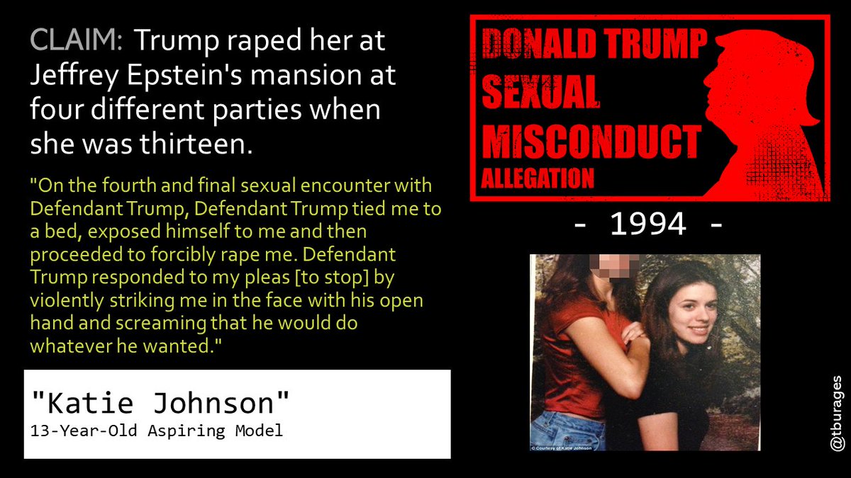 It was in 1994 that "Katie Johnson" (an alias) says she was trying to break into modeling and was recruited by a woman who brought her to Epstein's mansion in NYC. She says that she then became a sex slave to both Trump and Epstein./16