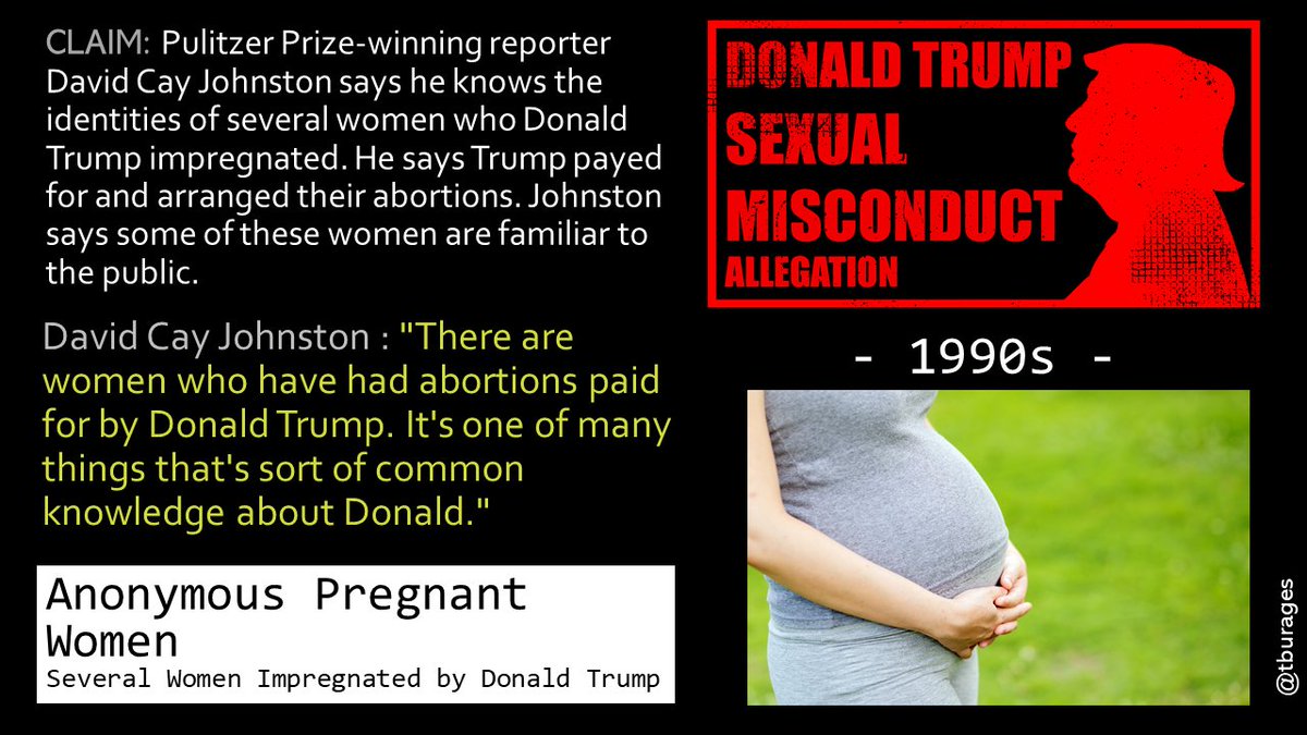 David Cay Johnston knows the actual identities of several women whose abortions Trump paid for. Impregnating women and orchestrating their abortions is not "sexual misconduct" per se, but I included this because his supporters consider abortion a crime against humanity./17