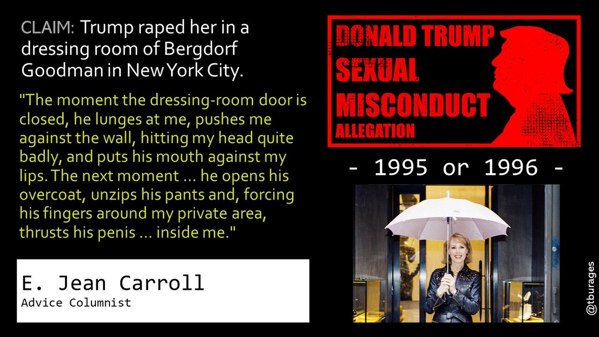 E Jean Carroll says her life has never been the same since Trump raped in the mid-1990s. Trump has denied her claim, and so Carroll has filed a defamation lawsuit against him. Carroll has had the dress she was wearing on the day in question tested for DNA. /18