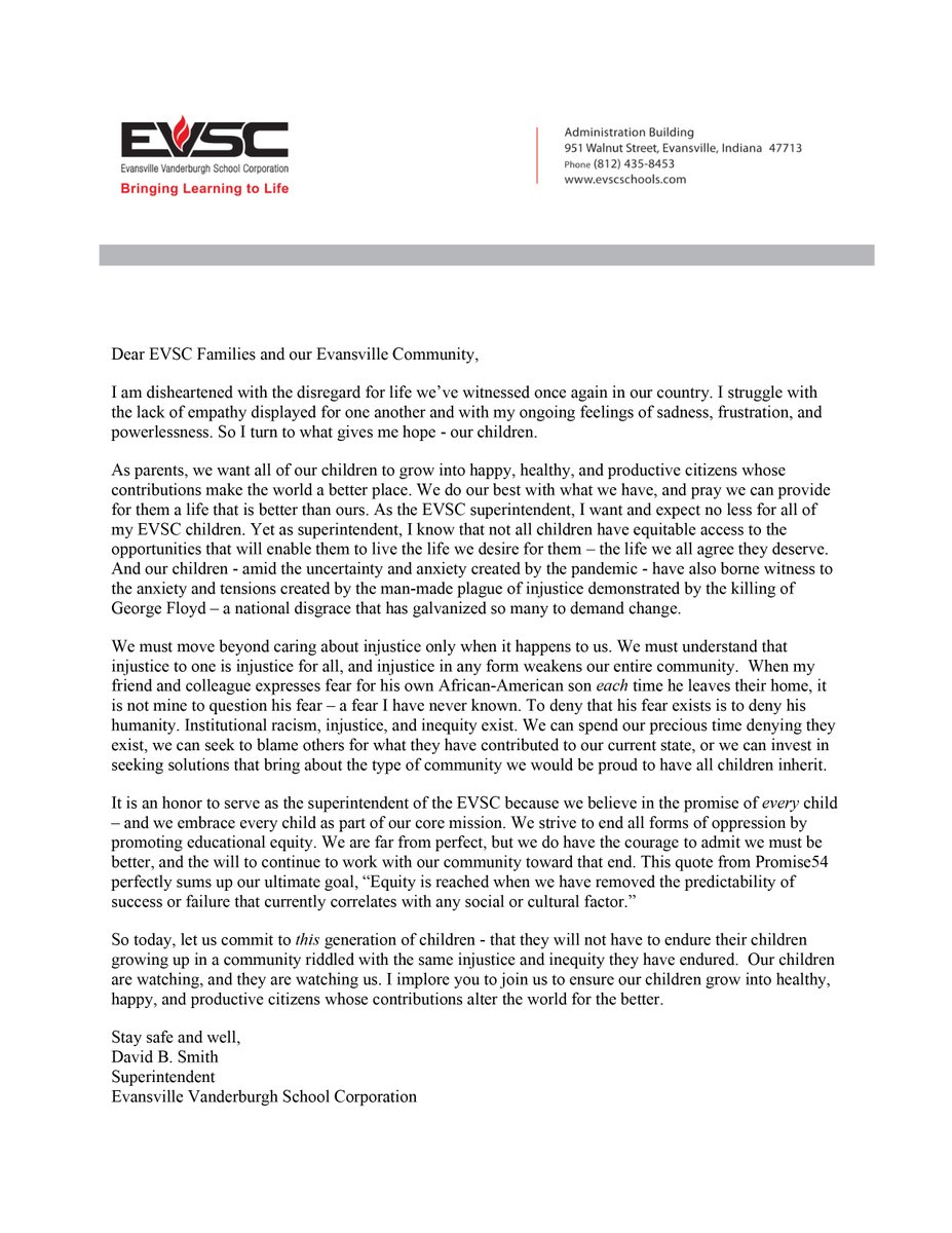 A message to our families and community from <a href="/EVSCSuper/">Dr. David Smith</a>: