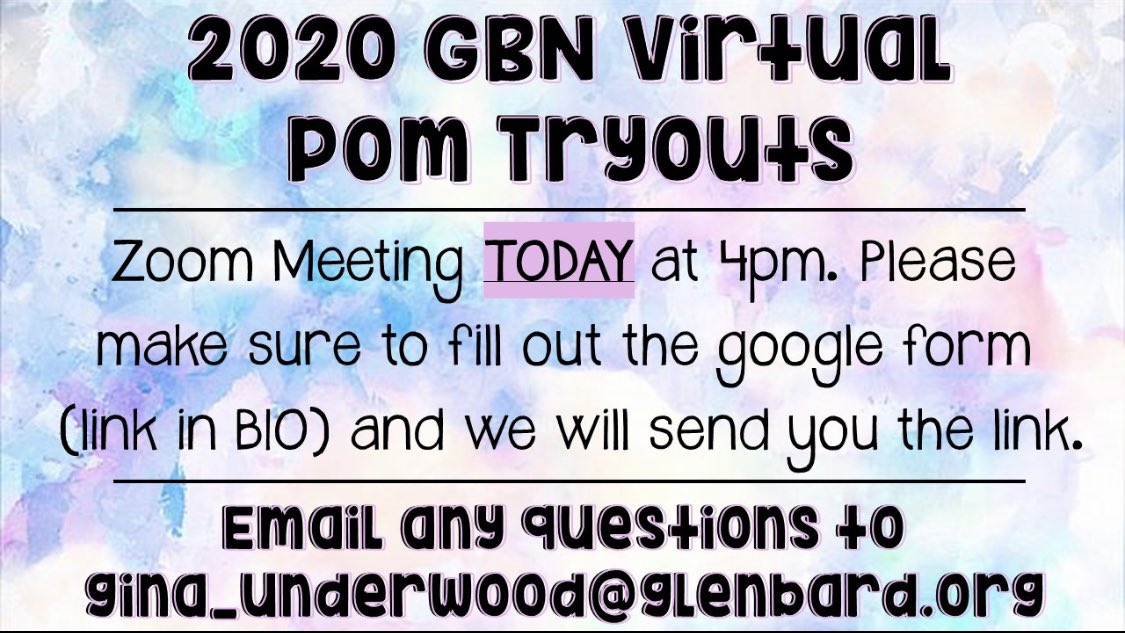 GBN Pantherettes (@gbnpantherettes) on Twitter photo Virtual tryout meeting is *TODAY* at 4pm! Looking forward to seeing everyone! Zoom link has been sent out to anyone that filled out the Google Form. If you didn’t get it, please email gina_underwood@glenbard.org Virtual tryout meeting is *TODAY* at 4pm! Looking forward to seeing everyone! Zoom link has been sent out to anyone that filled out the Google Form. If you didn’t get it, please email gina_underwood@glenbard.org